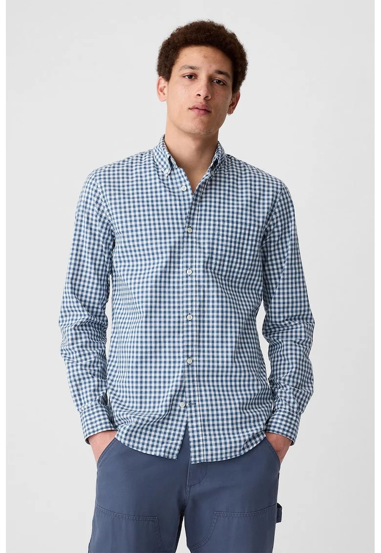 Camasa slim fit cu guler fixat cu nasturi, Alb/Albastru inchis