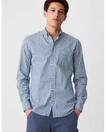 Camasa slim fit cu guler fixat cu nasturi, Alb/Albastru inchis