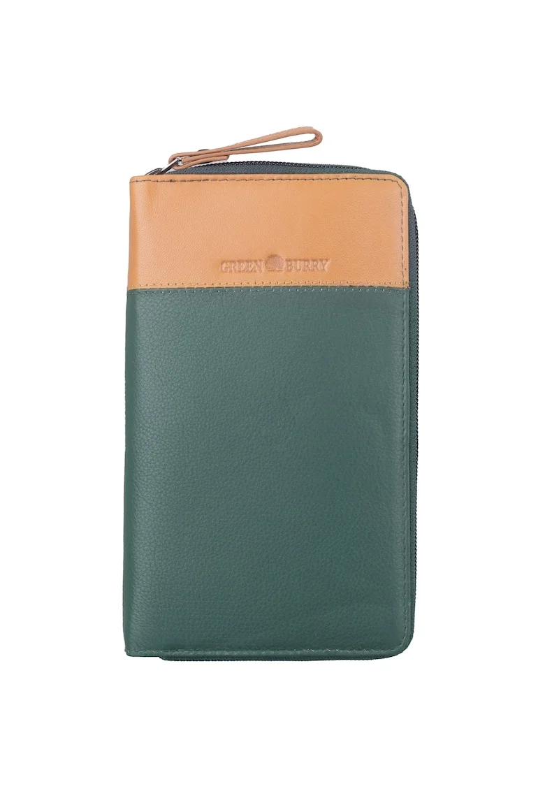 Portofel piele naturala maro deschis 19.5 x 11 x 2, Duett,  Maro deschis, Verde/Bej, 19.5 x 11 x 2 cm