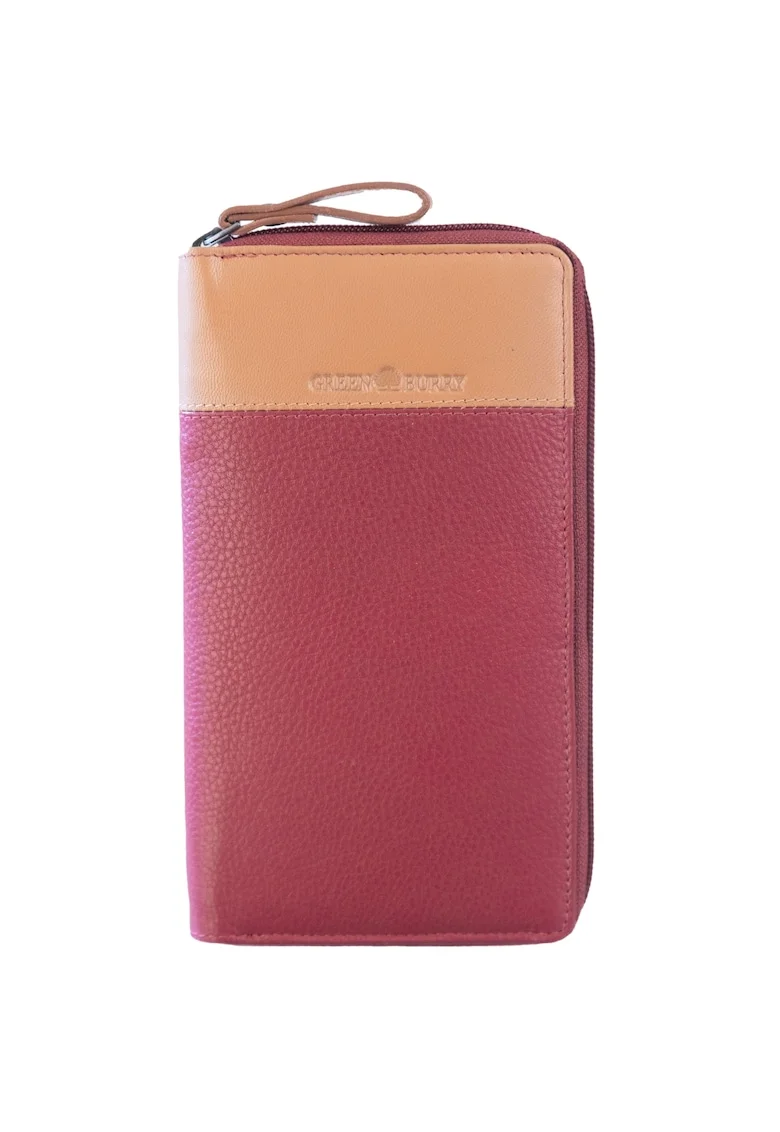 Portofel piele naturala maro deschis 19.5 x 11 x 2, Duett,  Maro deschis, Rosu/Bej, 19.5 x 11 x 2 cm