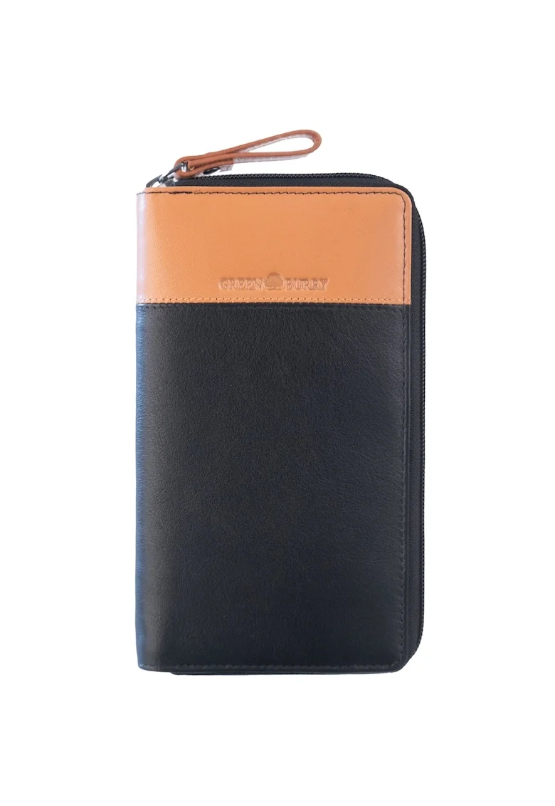Portofel piele naturala maro deschis 19.5 x 11 x 2, Duett,  Maro deschis, Negru/Bej, 19.5 x 11 x 2 cm