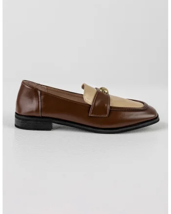 Pantofi loafer de piele ecologica cu detaliu metalic, Auriu/Maro inchis