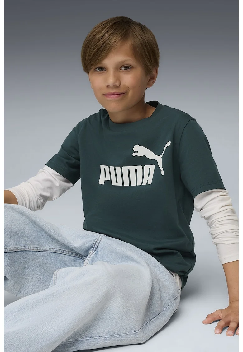 Tricou de bumbac cu decolteu la baza gatului si logo ESS No 1, Verde englez