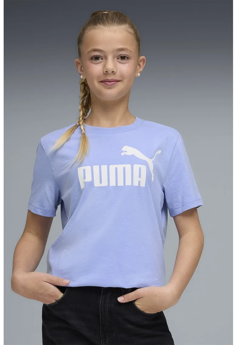 Tricou cu decolteu la baza gatului si imprimeu logo, Alb/Albastru lavanda