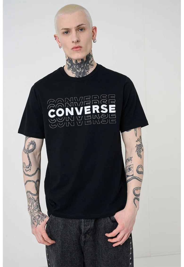 Tricou cu imprimeu text si decolteu la baza gatului, Negru/Alb optic