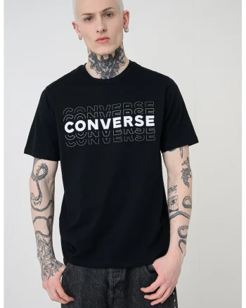 Tricou cu imprimeu text si decolteu la baza gatului, Negru/Alb optic