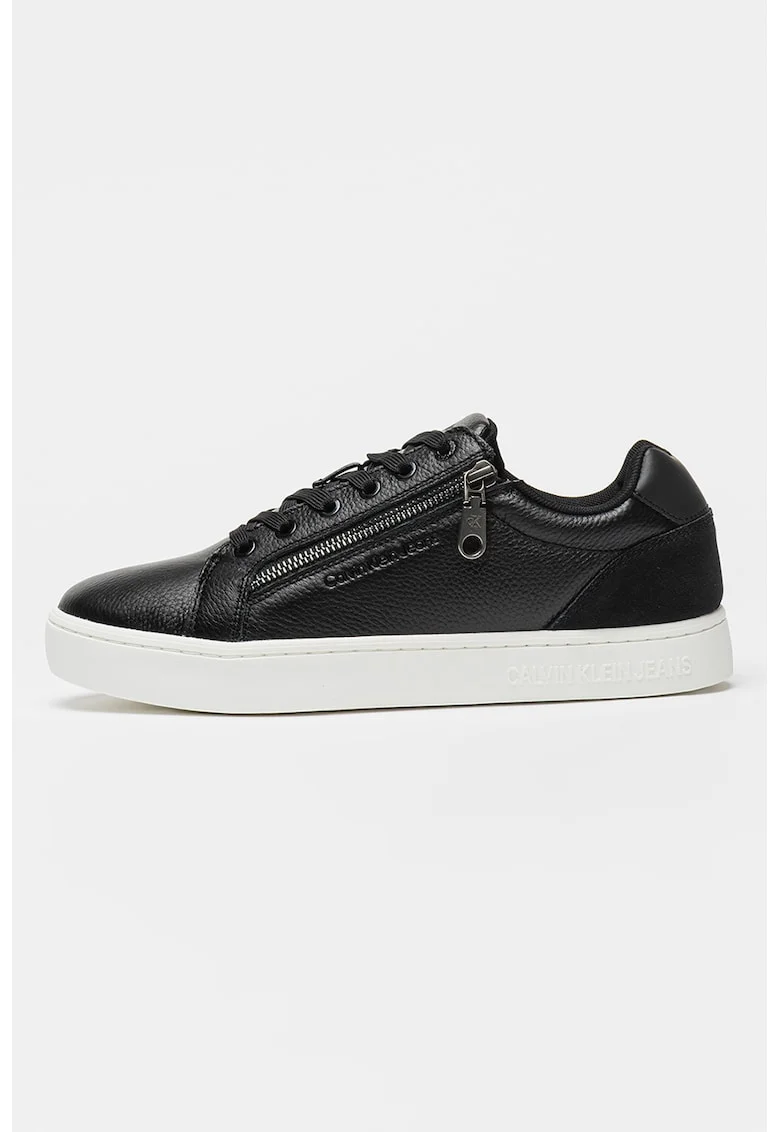 CALVIN KLEIN, Pantofi sport de piele cu detaliu cu fermoar, Negru stins