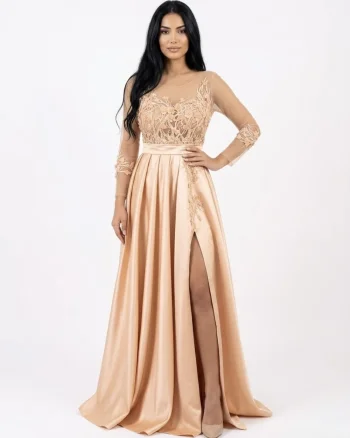 Rochie eleganta lunga din tafta cu broderie pretioasa si maneca