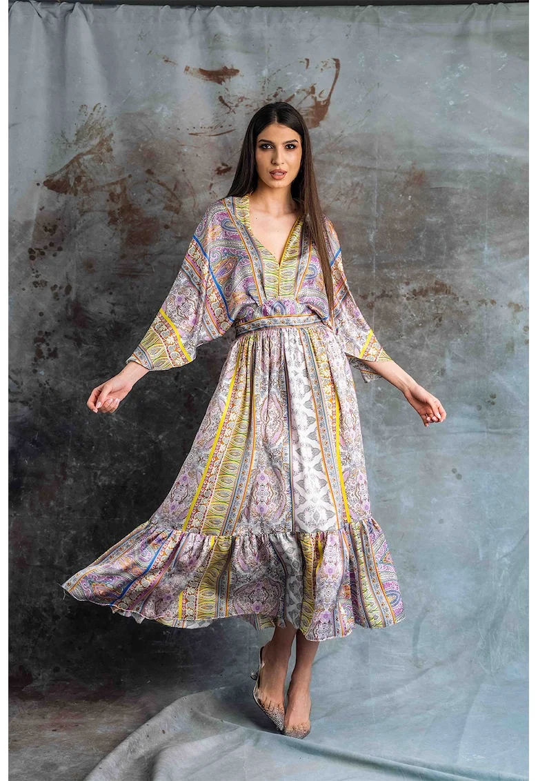 Rochie cu model, terminatie cu volan si aspect satinat Hollis, Multicolor