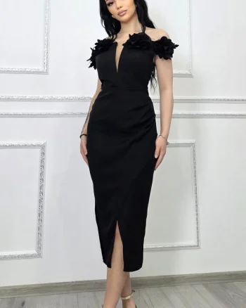 Rochie midi bodycon, SEVRIA, tip off-shoulder si detalii florale, NEGRU