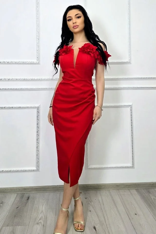 Rochie midi bodycon, SEVRIA, tip off-shoulder si detalii florale, Rosu