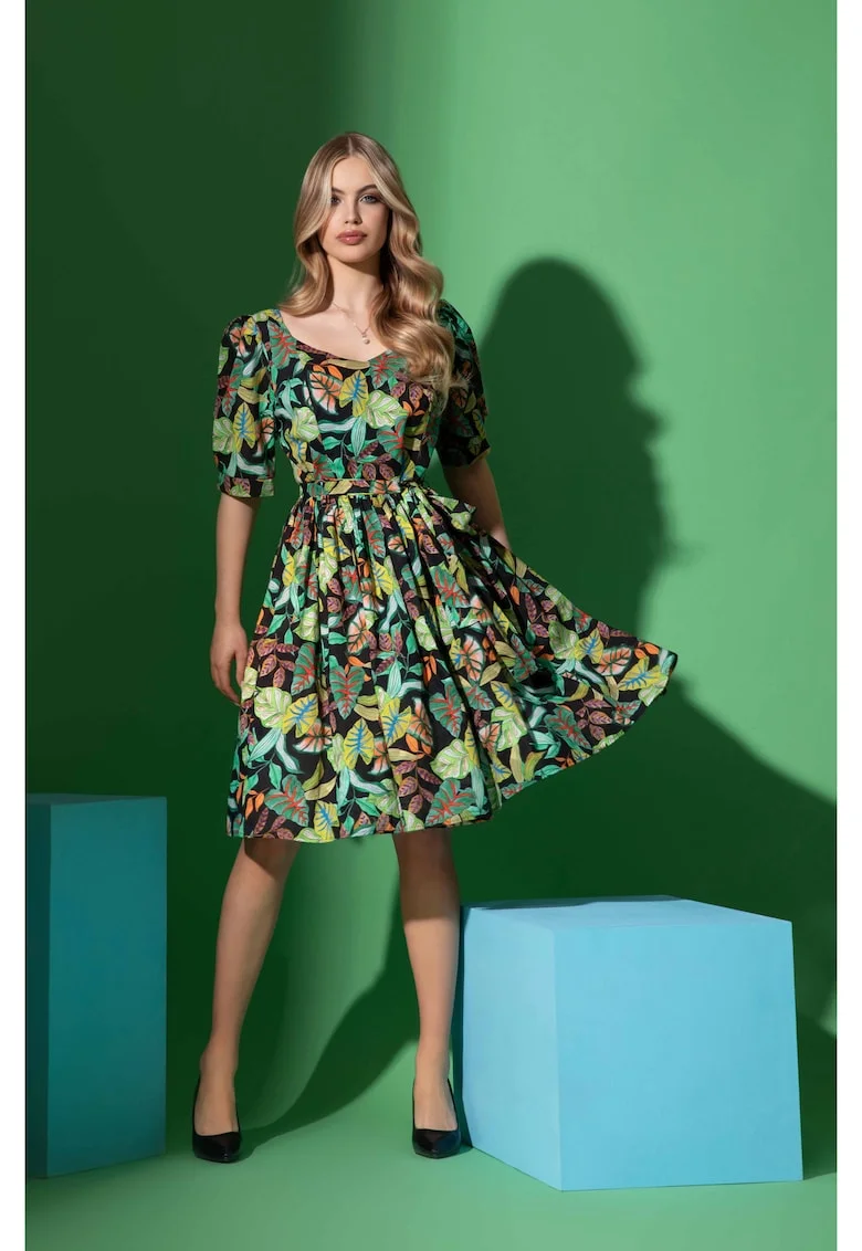 Rochie cu imprimeu tropical si maneci bufante