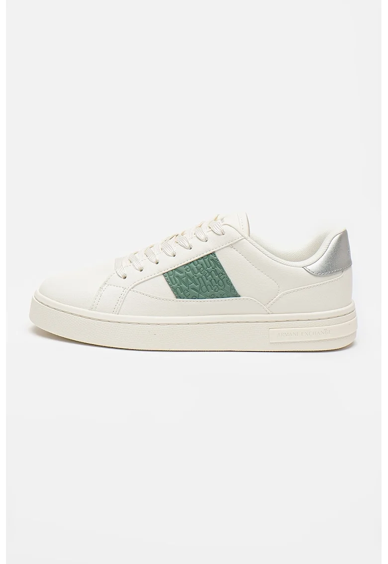 Pantofi sport de piele ecologica cu garnitura logo, Verde/Alb fildes