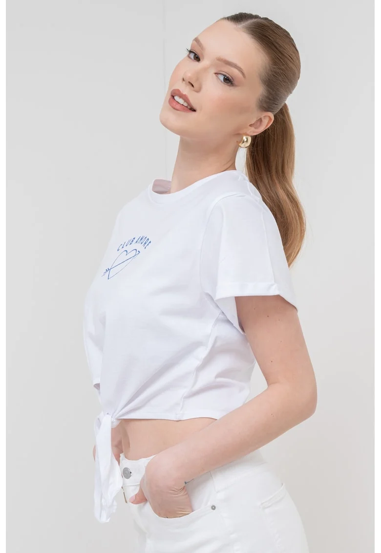 Tricou crop de bumbac organic Cami, Alb/Albastru