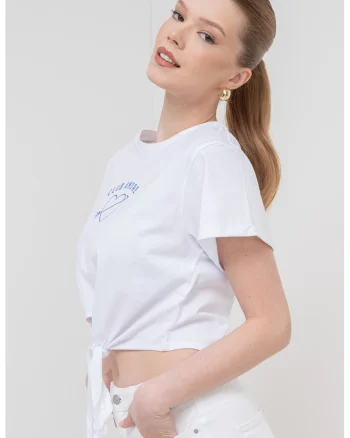 Tricou crop de bumbac organic Cami, Alb/Albastru