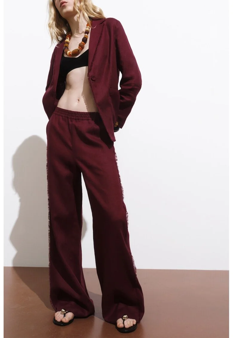 Pantaloni evazati din in cu talie elastica, Visiniu