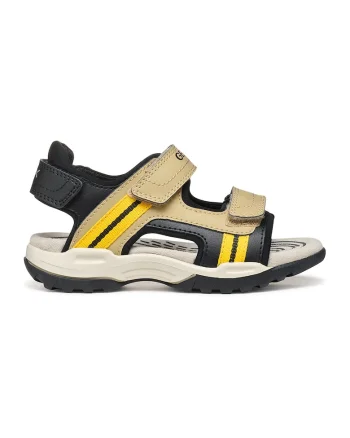 Sandale de piele ecologica cu banda velcro, Negru/Bej