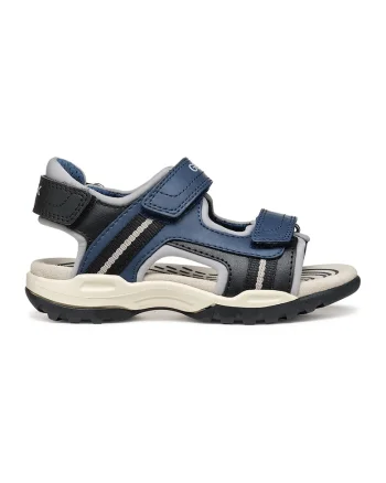 Sandale de piele ecologica cu banda velcro, Negru/Bleumarin