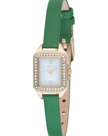 Ceas patrat cu o curea din piele, Auriu/Verde marin
