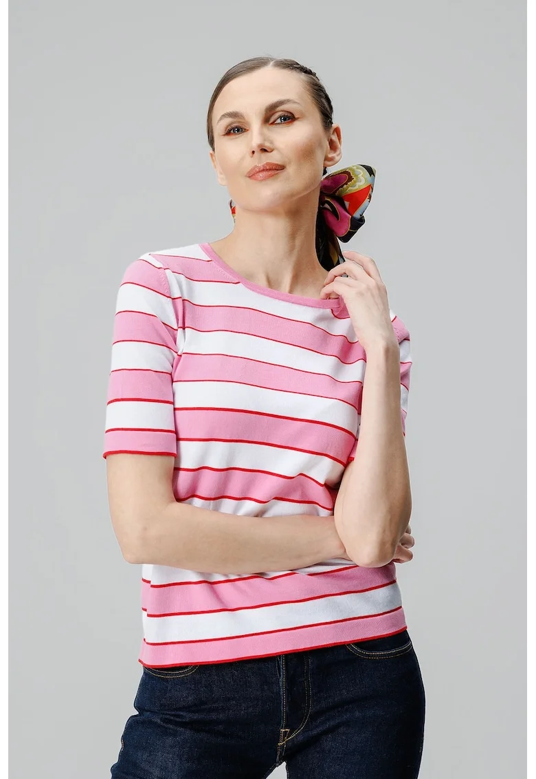 Tricou in dungi cu decolteu la baza gatului, Alb/Roz deschis