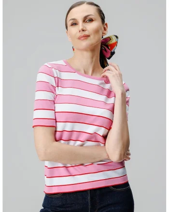 Tricou in dungi cu decolteu la baza gatului, Alb/Roz deschis