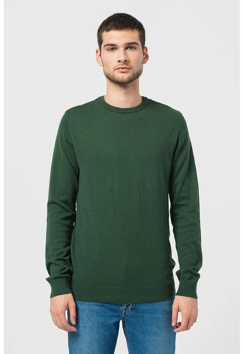 Pulover din amestec de lana cu decolteu la baza gatului, Verde englez