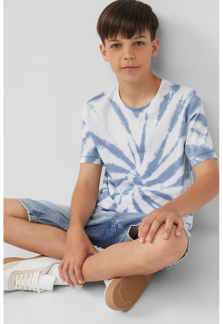 Tricou de bumbac cu model tie-dye, Albastru inchis/Alb optic