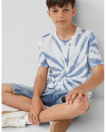 Tricou de bumbac cu model tie-dye, Albastru inchis/Alb optic