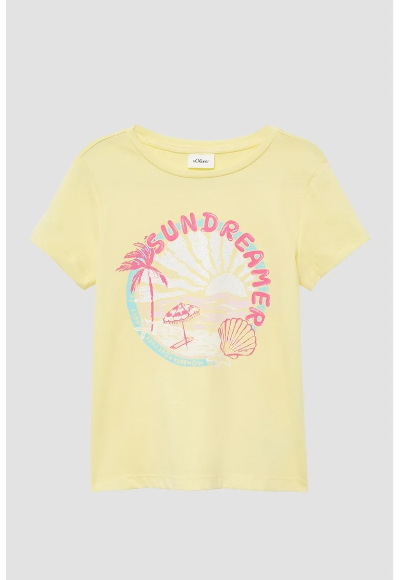 Tricou cu decolteu la baza gatului, model grafic si imprimeu text, Galben pal/Roz prafuit