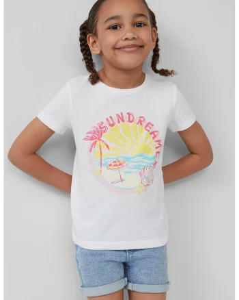 Tricou cu decolteu la baza gatului, model grafic si imprimeu text, Roz pastel/Galben pal/Alb optic