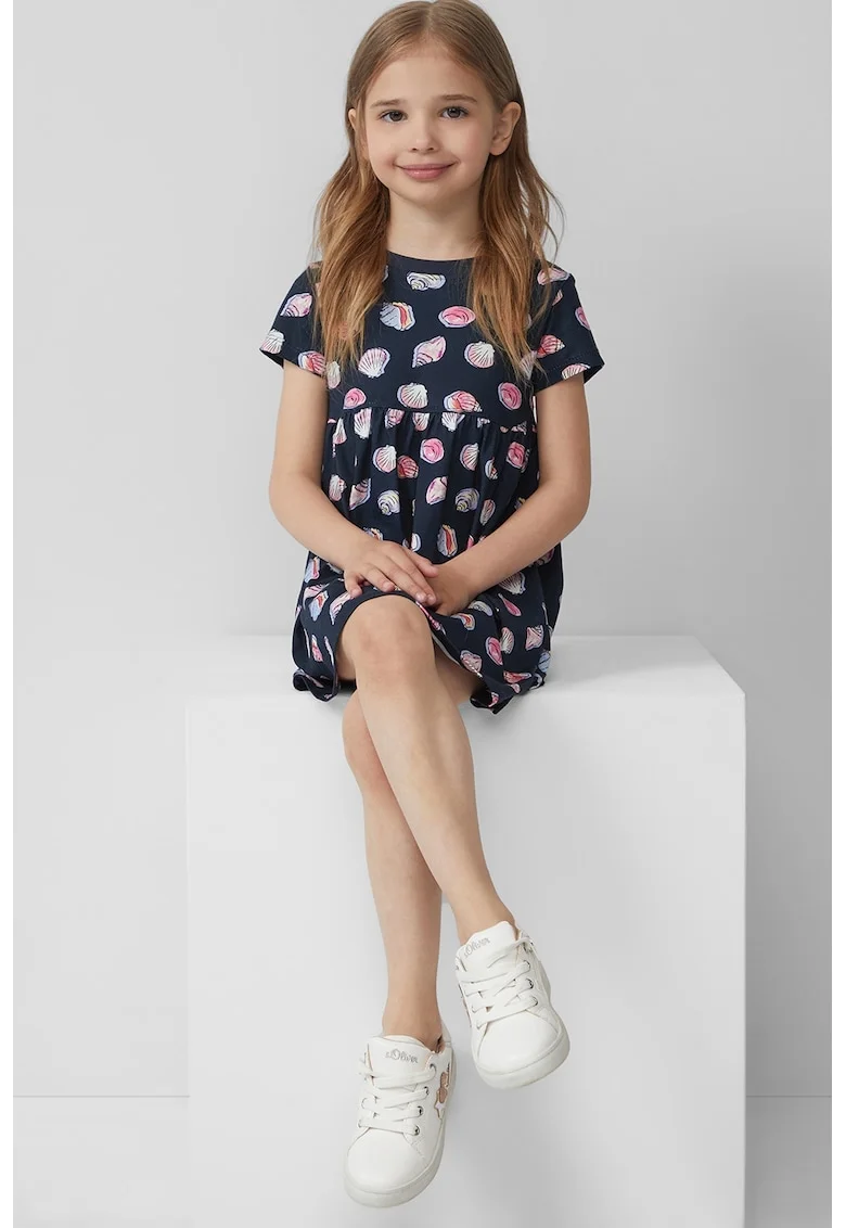Rochie cu decolteu la baza gatului si imprimeu, Albastru inchis/Roz pastel