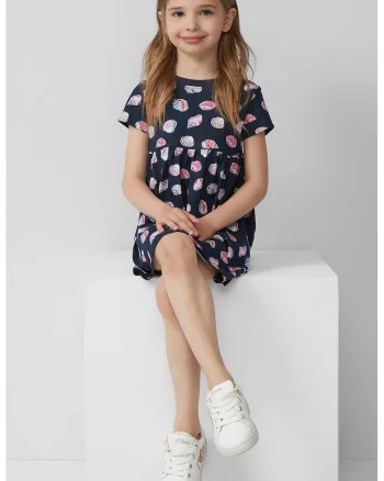 Rochie cu decolteu la baza gatului si imprimeu, Albastru inchis/Roz pastel