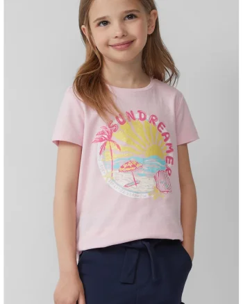 Tricou cu decolteu la baza gatului, model grafic si imprimeu text, Roz pastel/Galben pal/Albastru glaciar
