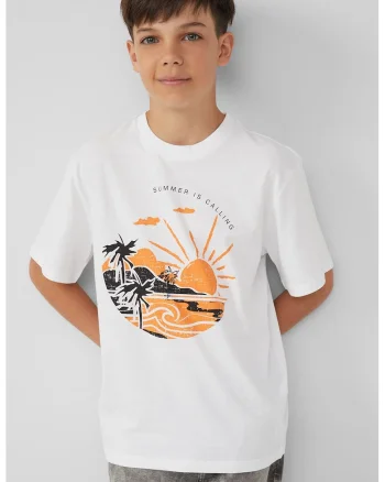 Tricou cu imprimeu grafic si decolteu la baza gatului, Negru stins/Portocaliu pal/Alb optic
