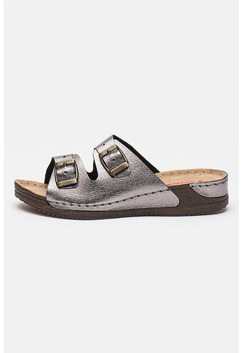Papuci wedge de piele, Argintiu