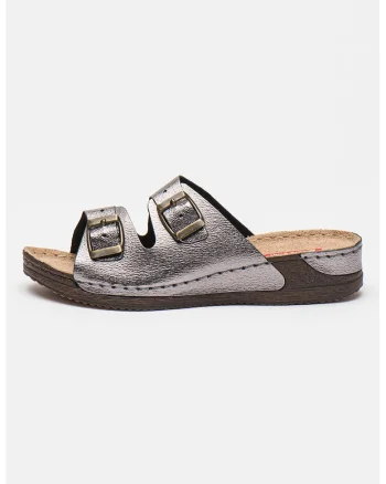 Papuci wedge de piele, Argintiu