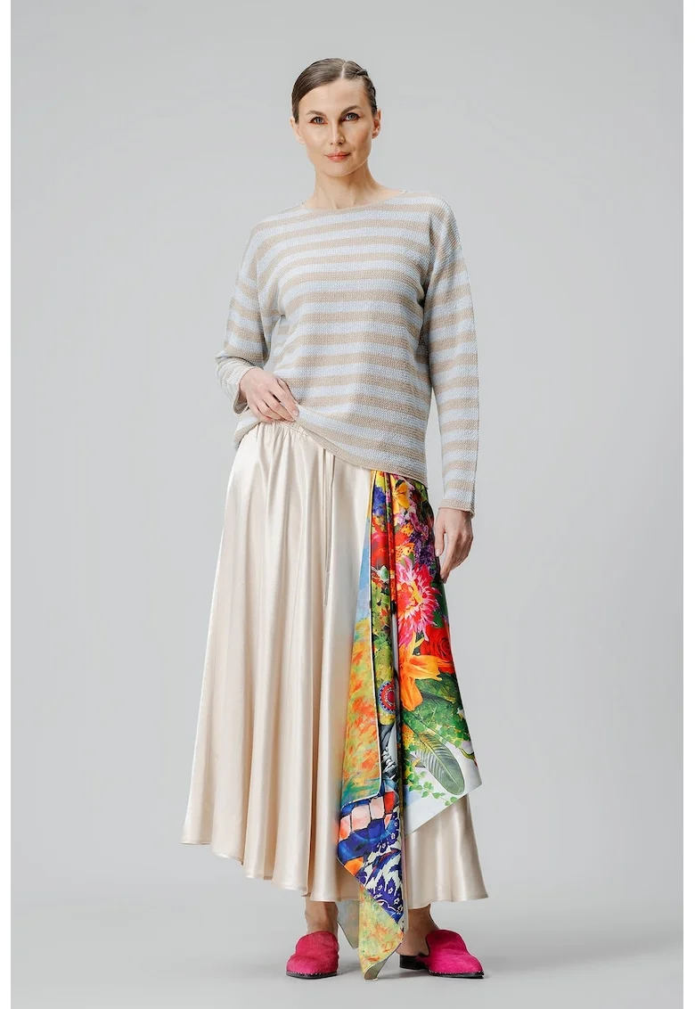 Bluza in dungi cu umeri cazuti, Alb/Bej