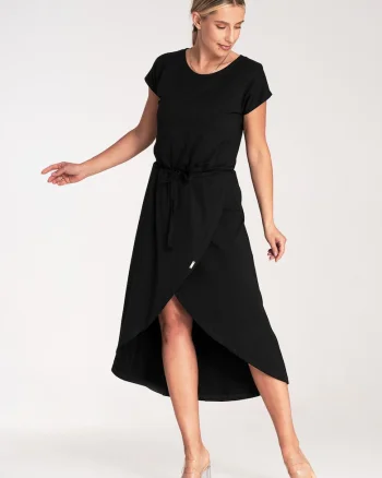 Rochie midi asimetrica,  viscoza, negru