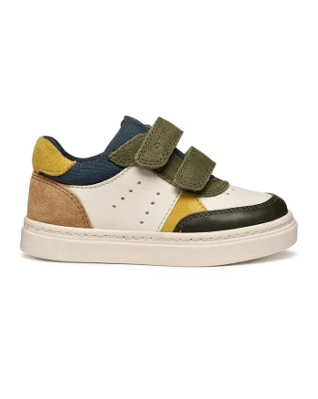 Pantofi sport cu velcro si garnituri din piele intoarsa, Alb fildes/Kaki inchis