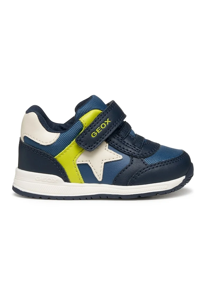 Pantofi sport din piele ecologica si material textil cu segment cu inchidere velcro, Verde lime/Bleumarin