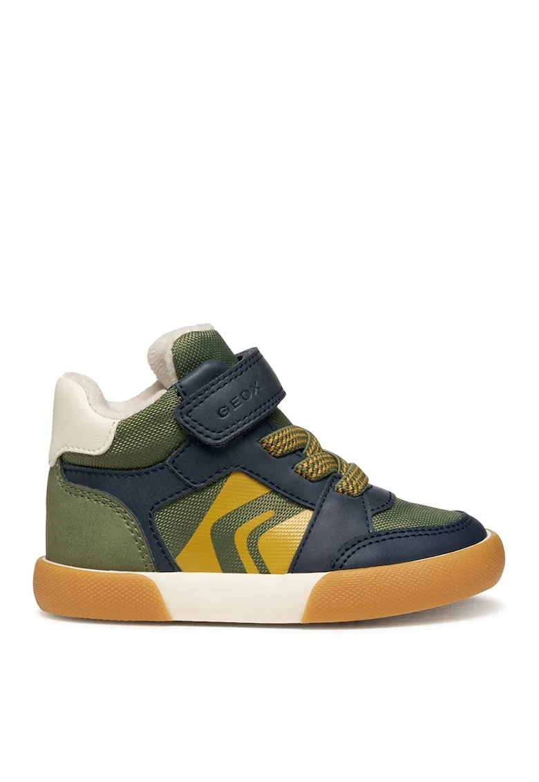 Pantofi sport din piele ecologica si material textil cu inchidere velcro, Verde masliniu/Bleumarin