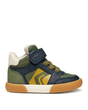 Pantofi sport din piele ecologica si material textil cu inchidere velcro, Verde masliniu/Bleumarin