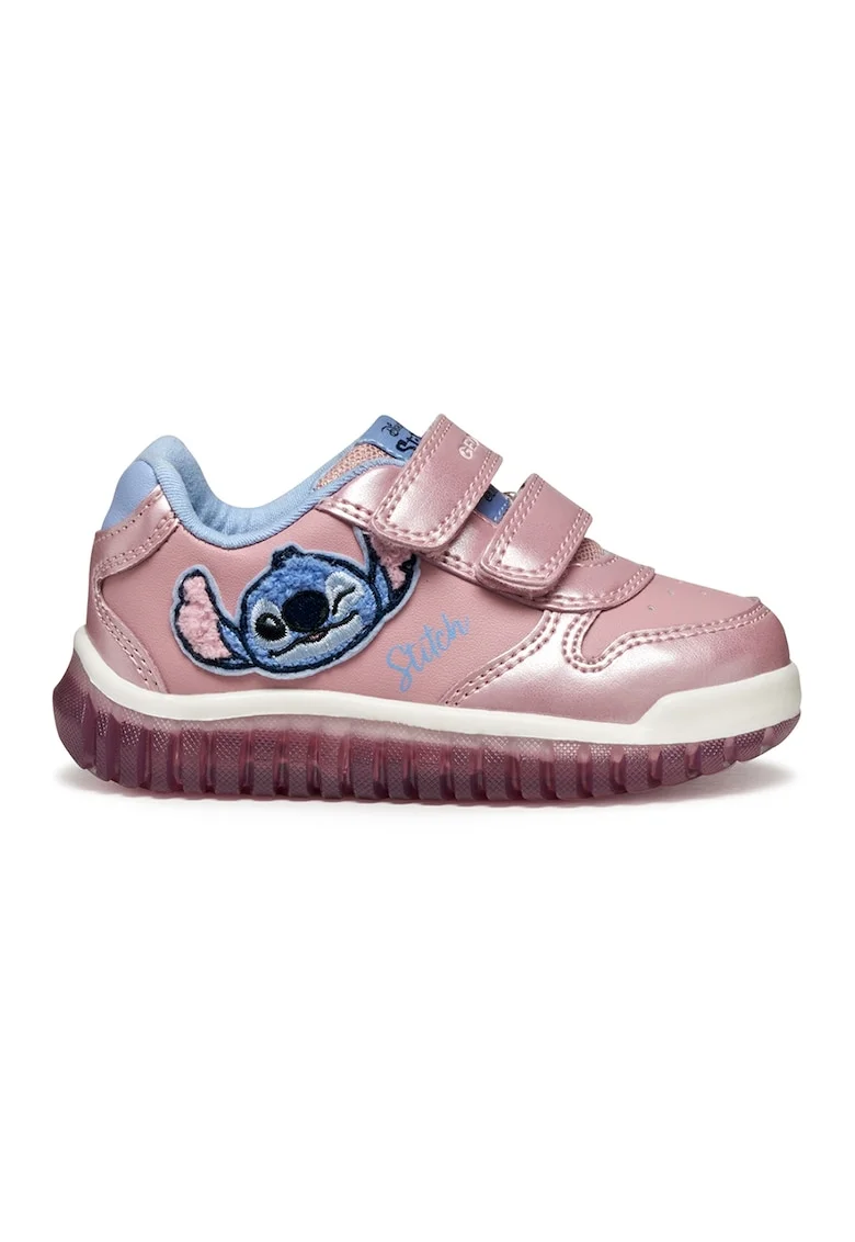 Pantofi sport din piele ecologica cu inchidere velcro si model cu Stitch, Roz/Albastru