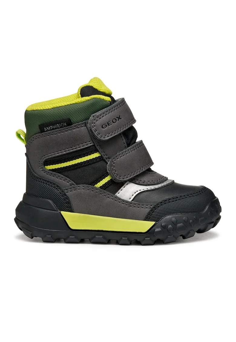 Ghete din piele ecologica cu segmente cu inchidere velcro, Negru/Verde electric