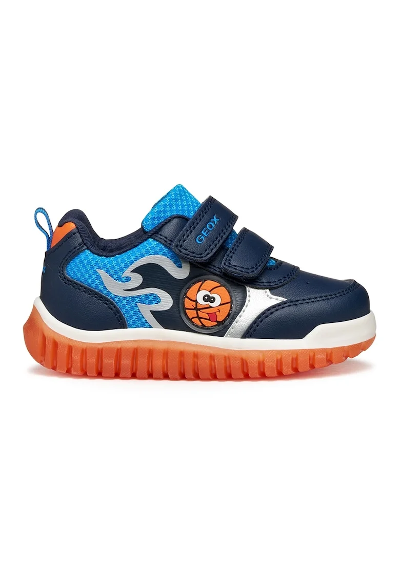 Pantofi sport din piele ecologica cu inchidere velcro, Portocaliu/Bleumarin