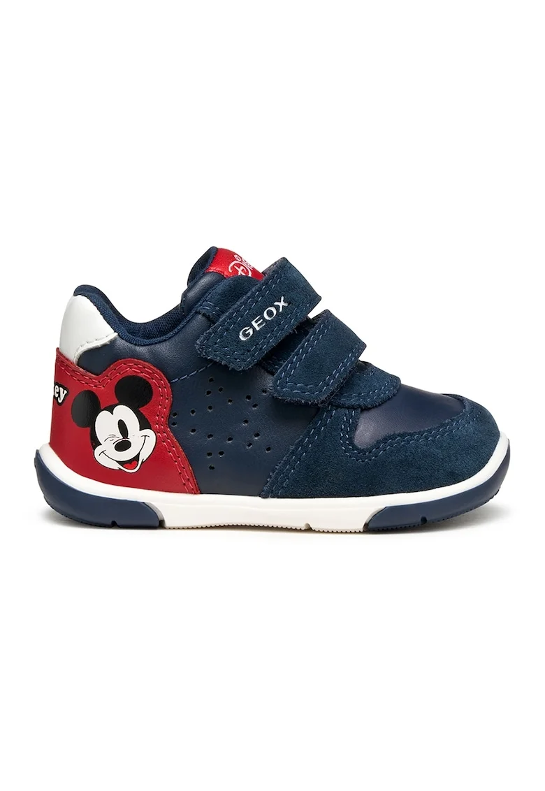 Pantofi sport cu inchidere velcro, garnituri din piele intoarsa si model cu Mickey Mouse, Rosu/Bleumarin