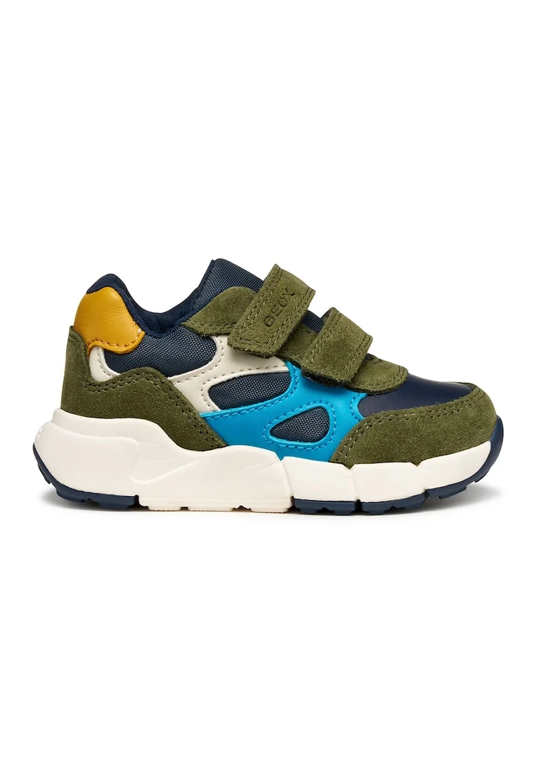 Pantofi sport cu model colorblock, inchidere velcro si garnituri din piele intoarsa, Verde masliniu/Bleumarin