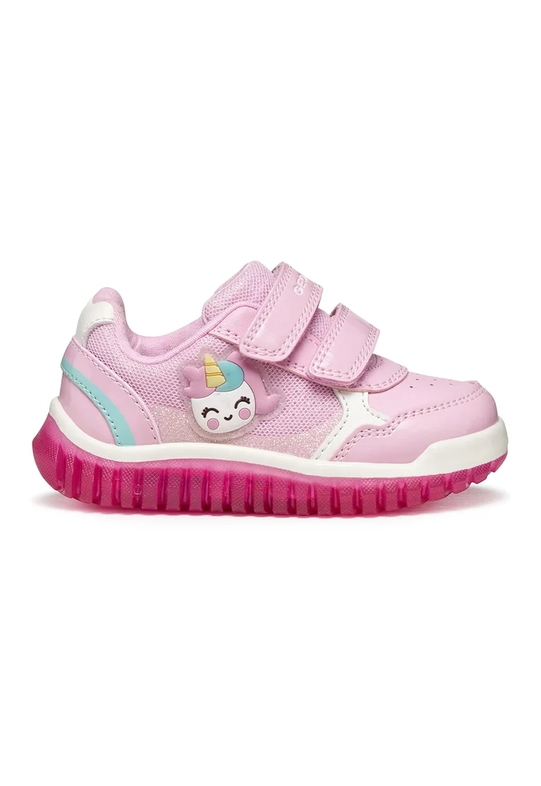 Pantofi sport din piele ecologica cu model grafic si inchidere velcro, Roz