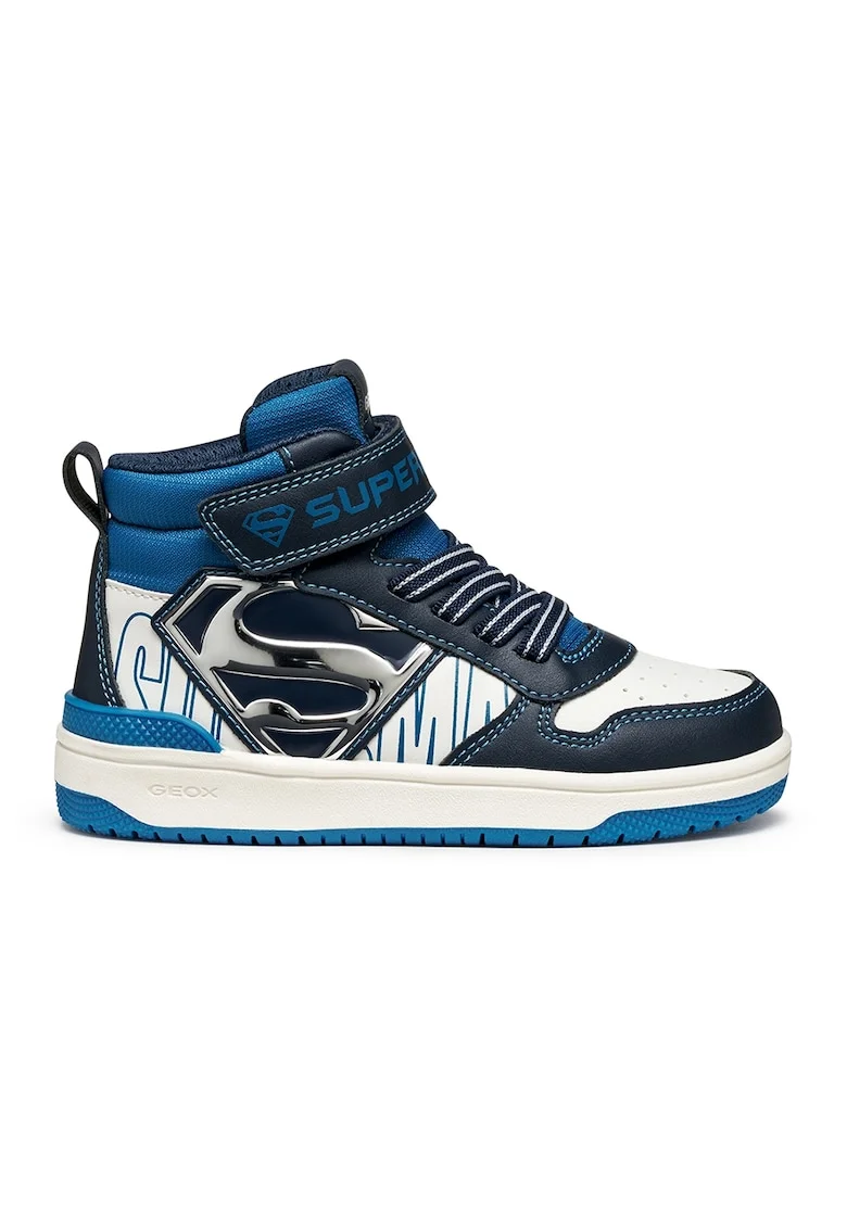 Pantofi sport cu velcro si imprimeu cu desene, Alb/Albastru