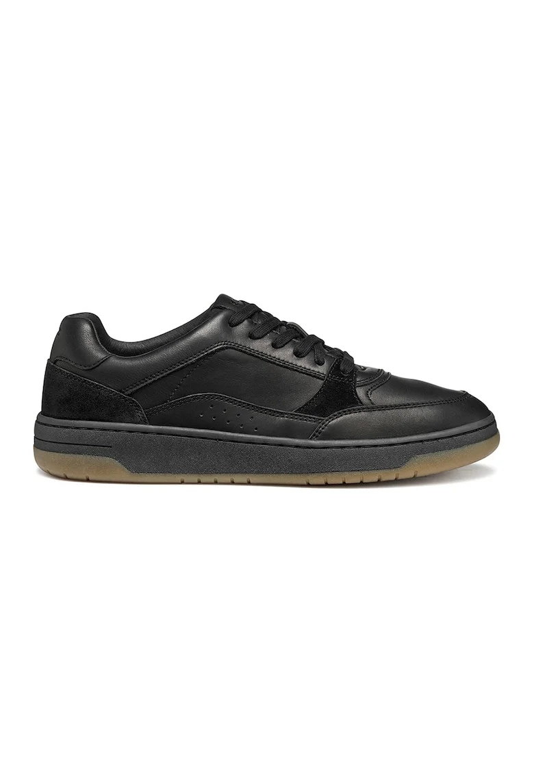 Pantofi sport de piele si piele intoarsa cu talpa plata si insertii textile, Negru